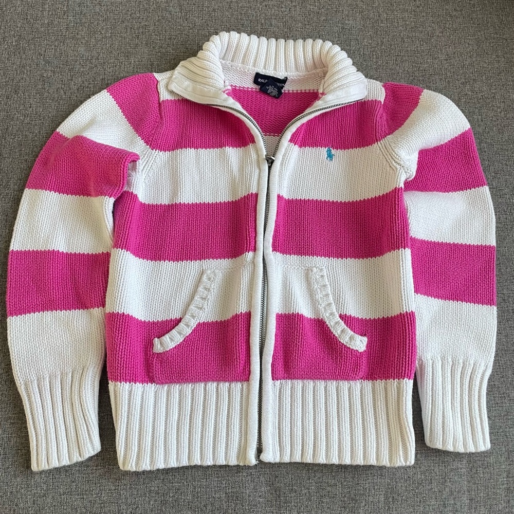 Ralph Lauren Pink and White Striped Zip Cardigan